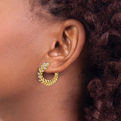 14K Gelbgold Polierte Echte Diamant-Blatt-Design-Creolen
