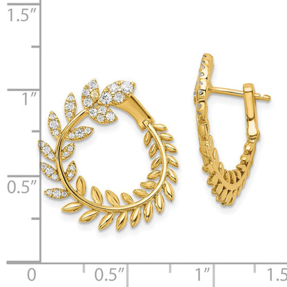 14K Gelbgold Polierte Echte Diamant-Blatt-Design-Creolen