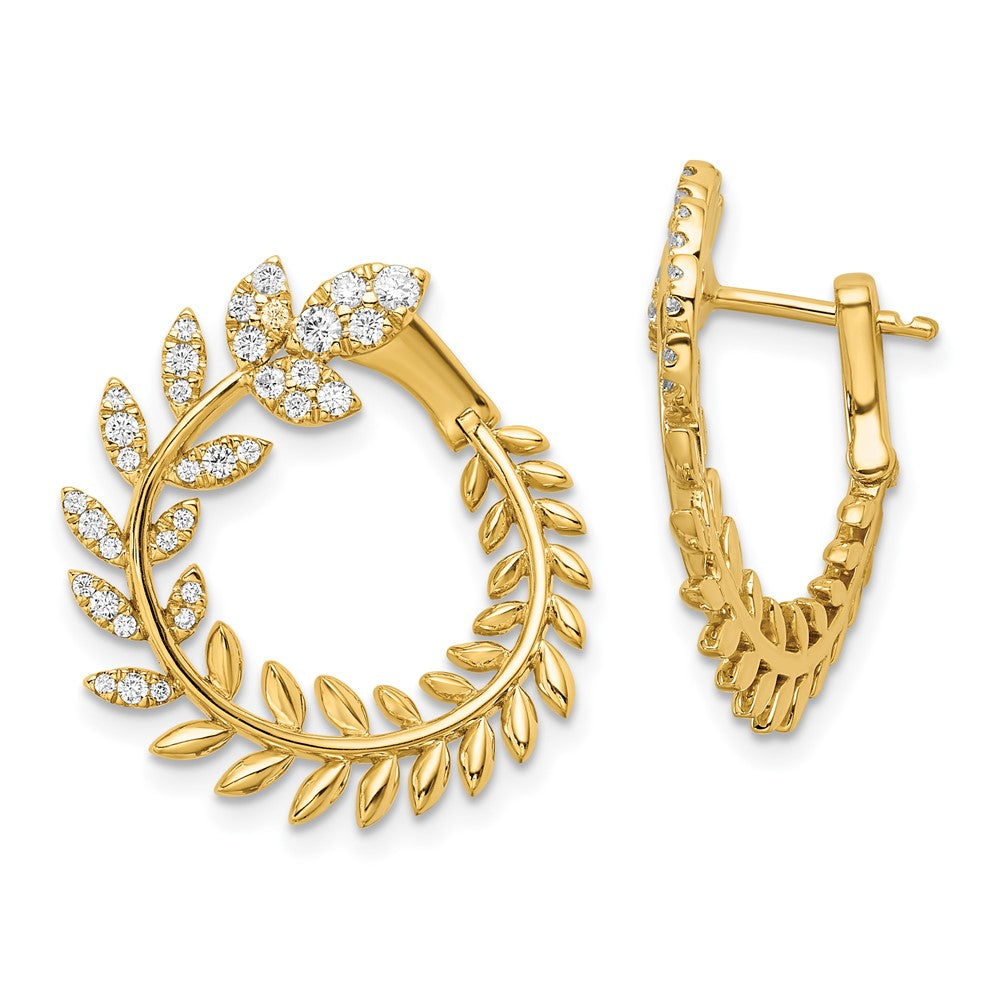 14K Gelbgold Polierte Echte Diamant-Blatt-Design-Creolen