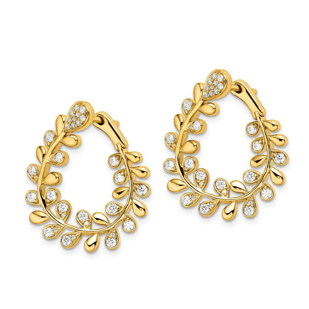 14K Gelbgold polierte Creolen mit Echtem Diamant-Blattdesign