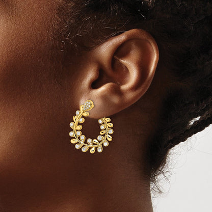 14K Gelbgold polierte Creolen mit Echtem Diamant-Blattdesign
