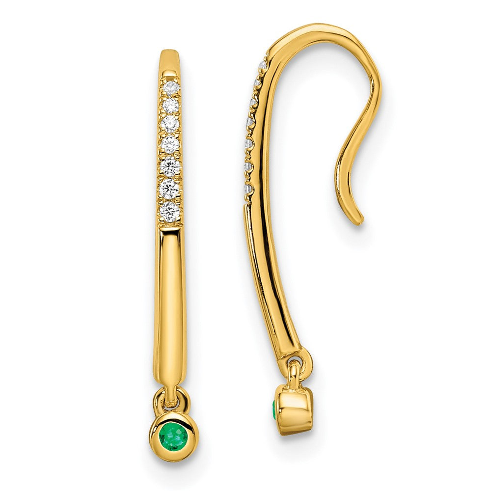 14K Gelbgold Ohrhänger mit echtem Diamant und Smaragd, poliert, mit Drahtverschluss