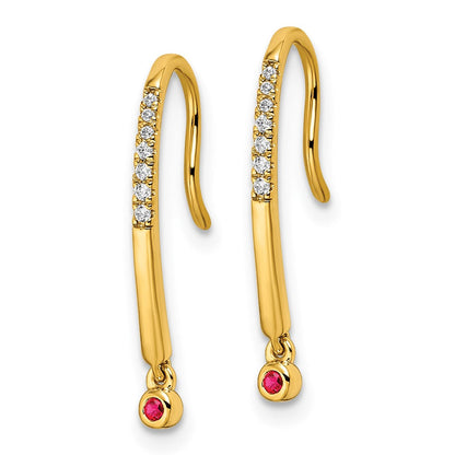 14K Gelbgold Ohrhänger mit echtem Diamant und Rubin, poliert, Draht