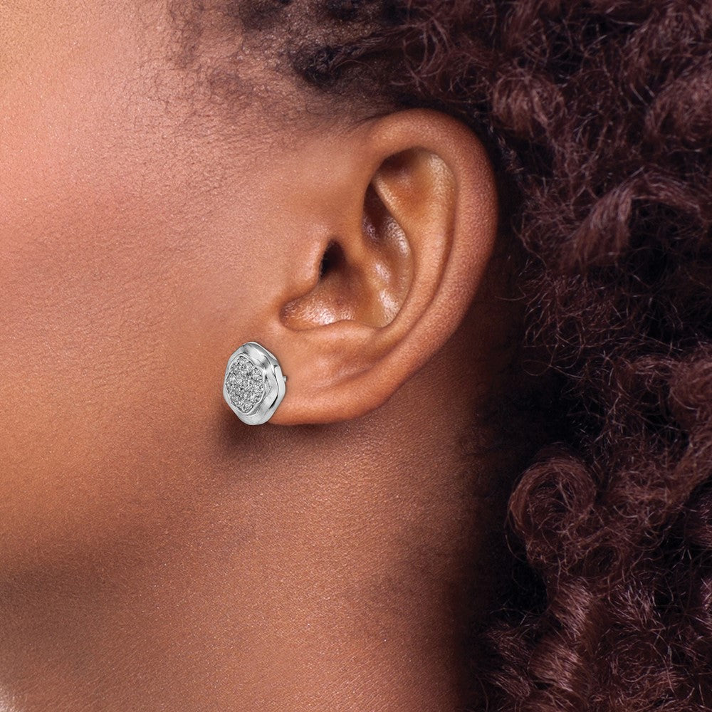 14K Weißgold Ohrstecker mit gebürsteten Wellenkreisen und echten Diamanten