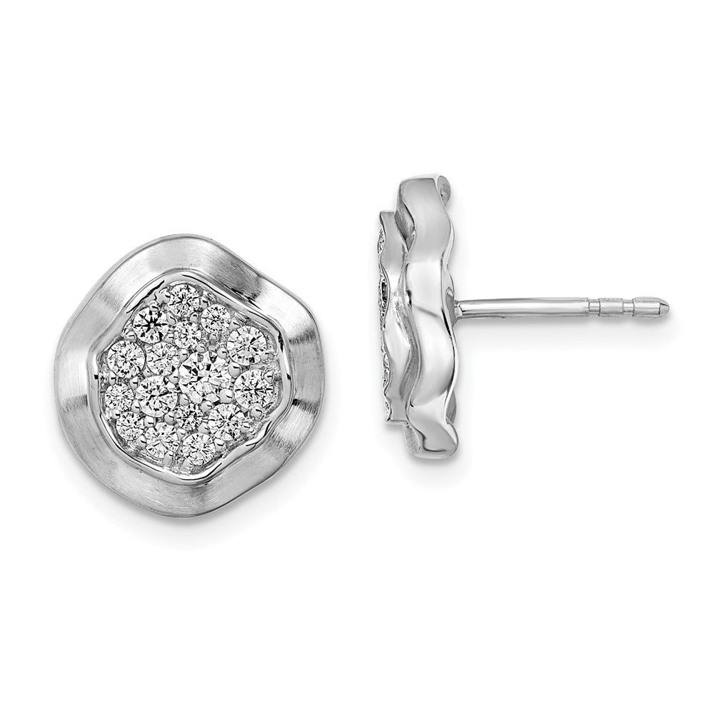 14K Weißgold Ohrstecker mit gebürsteten Wellenkreisen und echten Diamanten