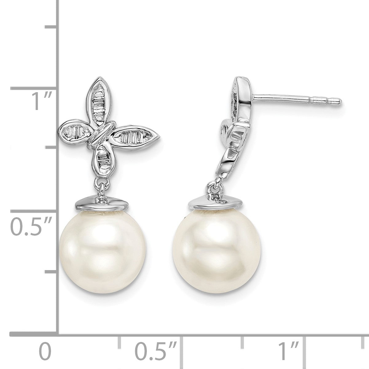 14K Weißgold Ohrstecker mit FWC-Zuchtperle und echten Diamanten in Schmetterling-Design