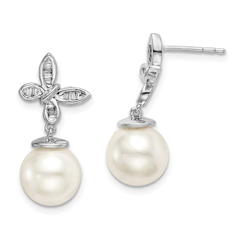 14K Weißgold Ohrstecker mit FWC-Zuchtperle und echten Diamanten in Schmetterling-Design