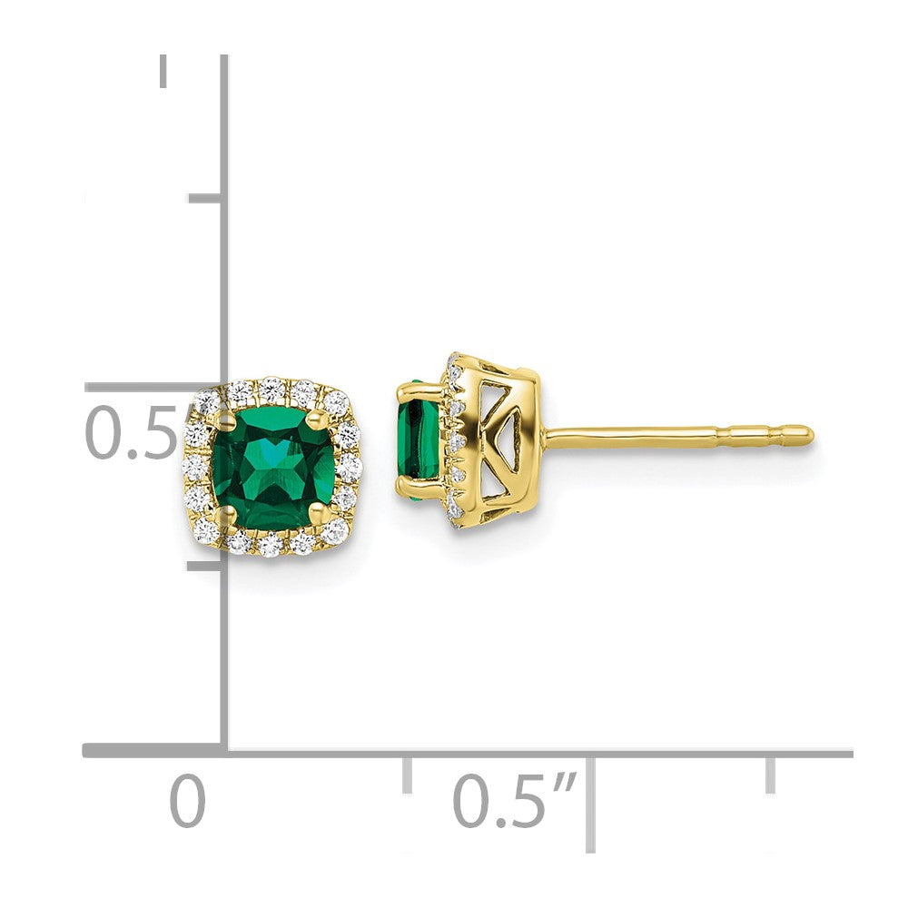 10K Gelbgold Ohrstecker mit 0,1 ct. laborgezüchteten Diamanten VS/SI+ G+ und gezüchtetem Smaragd, quadratische Halo-Fassung