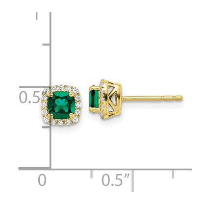 10K Gelbgold Ohrstecker mit 0,1 ct. laborgezüchteten Diamanten VS/SI+ G+ und gezüchtetem Smaragd, quadratische Halo-Fassung