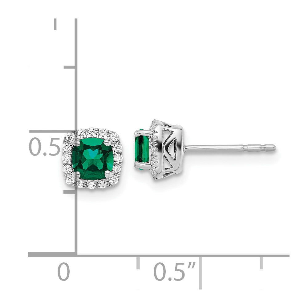 10K Weißgold Ohrstecker mit quadratischem Halo, 0,1 ct. im Labor gezüchteten Diamanten VS/SI+ G+ und gezüchtetem Smaragd