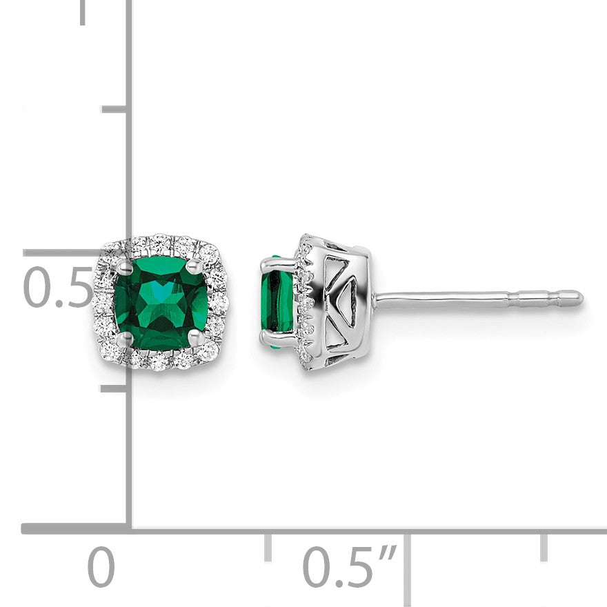 14K Weißgold Ohrstecker mit 0,10 ct. Labor gezüchteten Diamanten VS/SI+ G+ und synthetischem Smaragd, quadratischer Halo