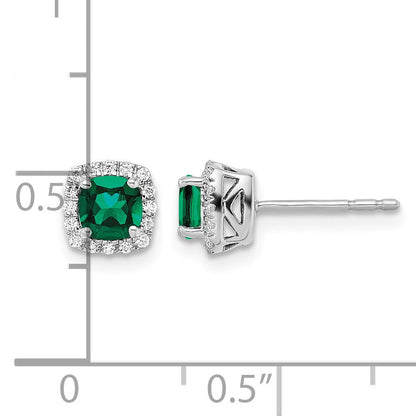 14K Weißgold Ohrstecker mit 0,10 ct. Labor gezüchteten Diamanten VS/SI+ G+ und synthetischem Smaragd, quadratischer Halo
