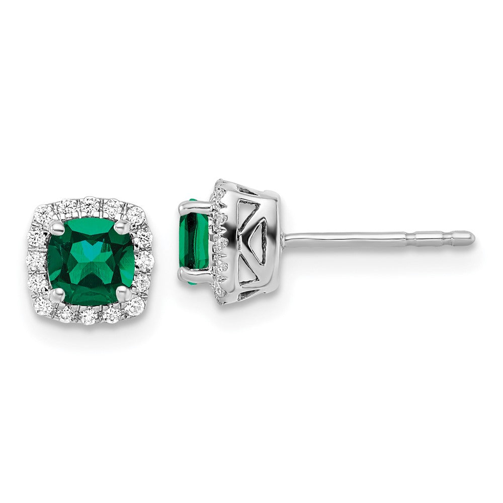 14K Weißgold Ohrstecker mit 0,10 ct. Labor gezüchteten Diamanten VS/SI+ G+ und synthetischem Smaragd, quadratischer Halo