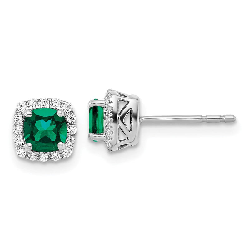 14K Weißgold Ohrstecker mit 0,10 ct. Labor gezüchteten Diamanten VS/SI+ G+ und synthetischem Smaragd, quadratischer Halo