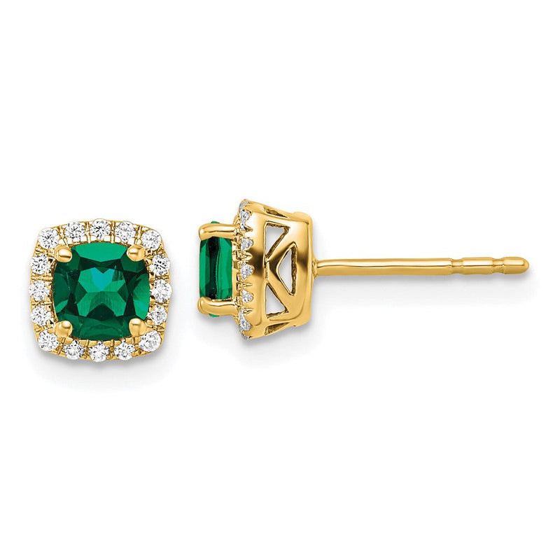 14K Gelbgold Ohrstecker mit 0,10 ct. im Labor gezüchteten Diamanten VS/SI+ G+ und gezüchteten Smaragden, quadratisch, mit Halo-Fassung