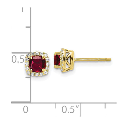 10K Gelbgold-Ohrstecker mit 0,1 ct. im Labor gezüchteten Diamanten VS/SI+ G+ und gezüchtetem Rubin, quadratische Halo-Fassung