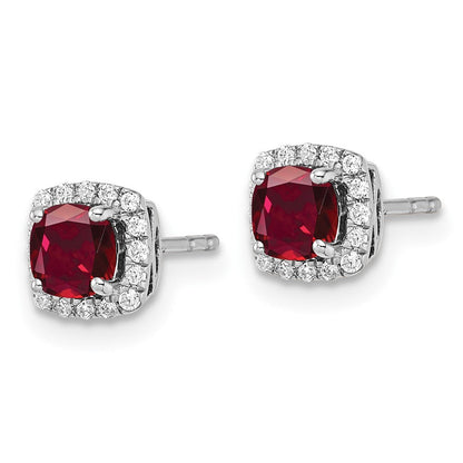 10K Weißgold Ohrstecker mit 0,10 ct. Laborgezüchtetem Diamanten VS/SI+ G+ und gezüchtetem Rubin, quadratischer Halo