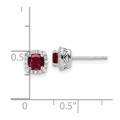 10K Weißgold Ohrstecker mit 0,10 ct. Laborgezüchtetem Diamanten VS/SI+ G+ und gezüchtetem Rubin, quadratischer Halo