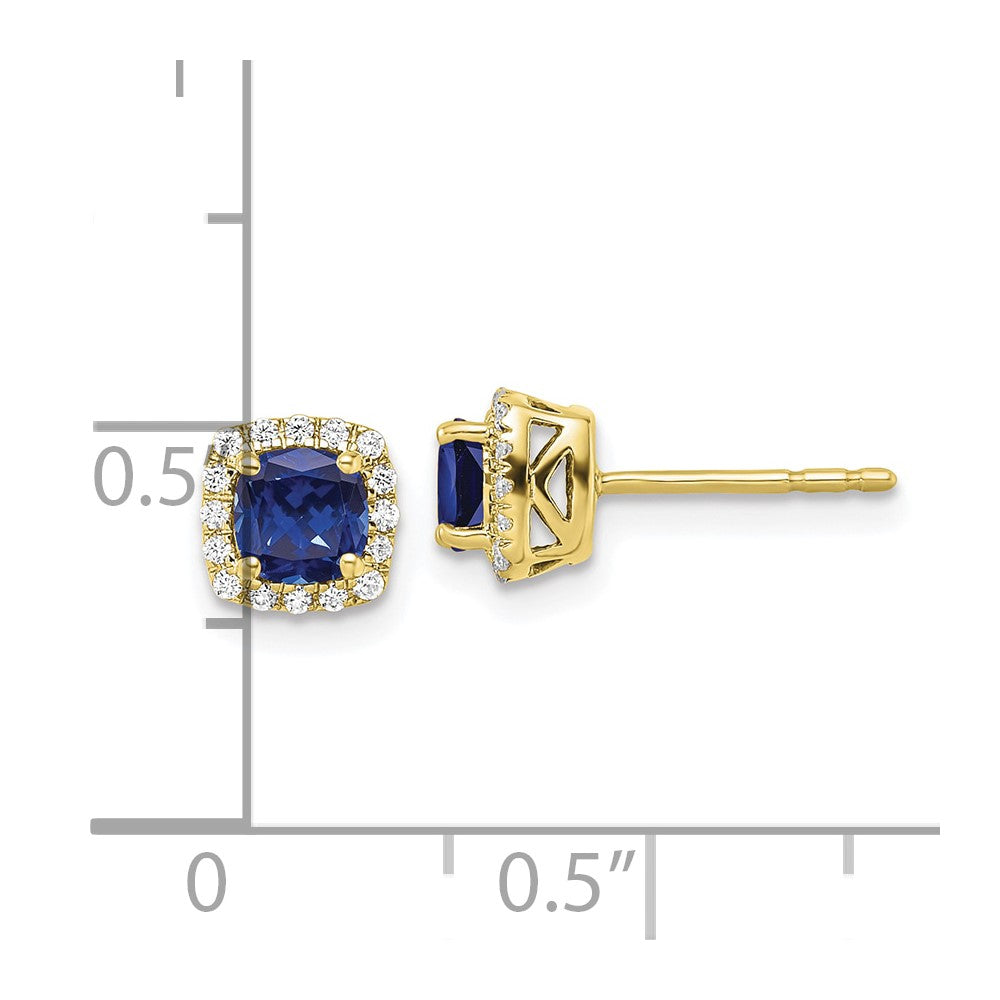 10K Gelbgold Ohrstecker mit 0,10 ct. im Labor gezüchteten Diamanten VS/SI+ G+ und gezüchteten Saphiren, quadratischer Halo