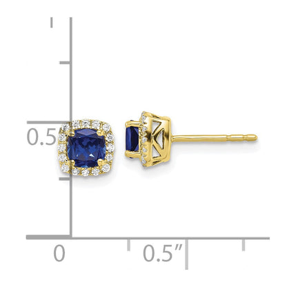 10K Gelbgold Ohrstecker mit 0,10 ct. im Labor gezüchteten Diamanten VS/SI+ G+ und gezüchteten Saphiren, quadratischer Halo