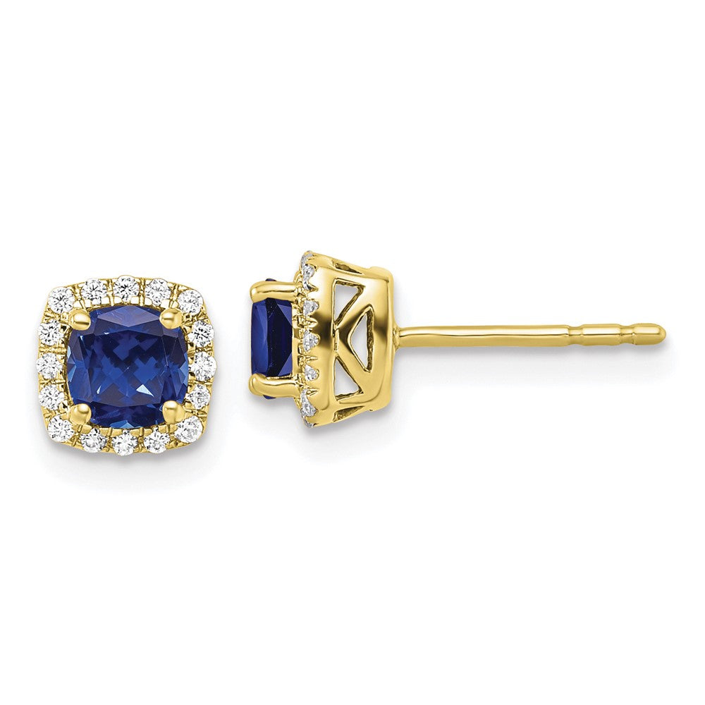 10K Gelbgold Ohrstecker mit 0,10 ct. im Labor gezüchteten Diamanten VS/SI+ G+ und gezüchteten Saphiren, quadratischer Halo