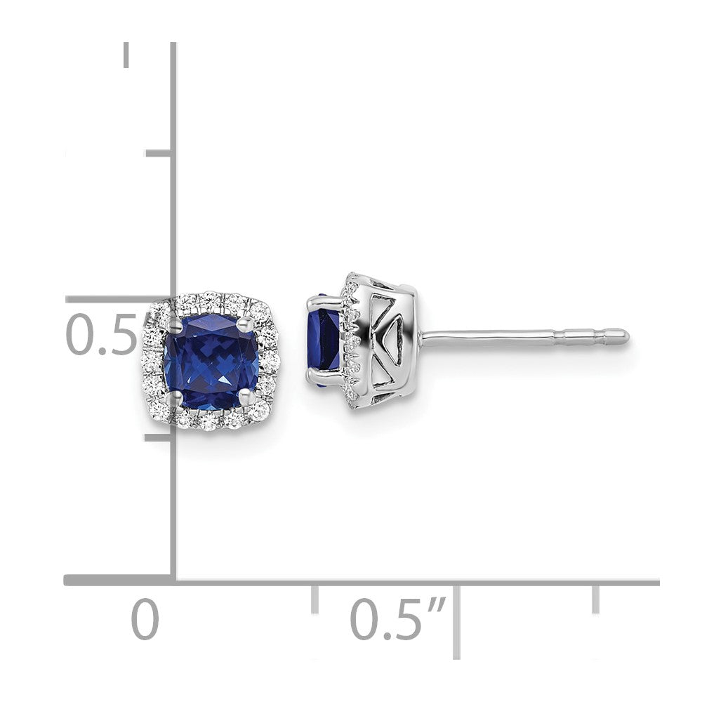 10K Weißgold Ohrstecker mit 0,1 ct. laborgezüchteten Diamanten VS/SI+ G+ und synthetischen Saphiren, quadratische Halo-Fassung