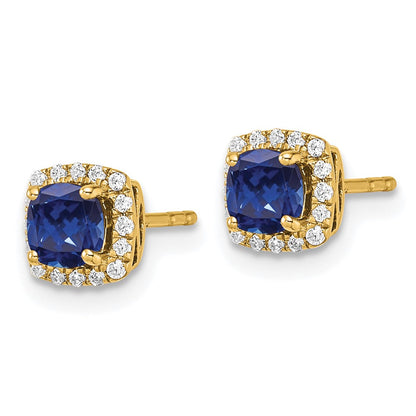 14K Gelbgold Ohrstecker mit quadratischem Halo, 0,10 ct. im Labor gezüchteten Diamanten VS/SI+ G+ und synthetischem Saphir