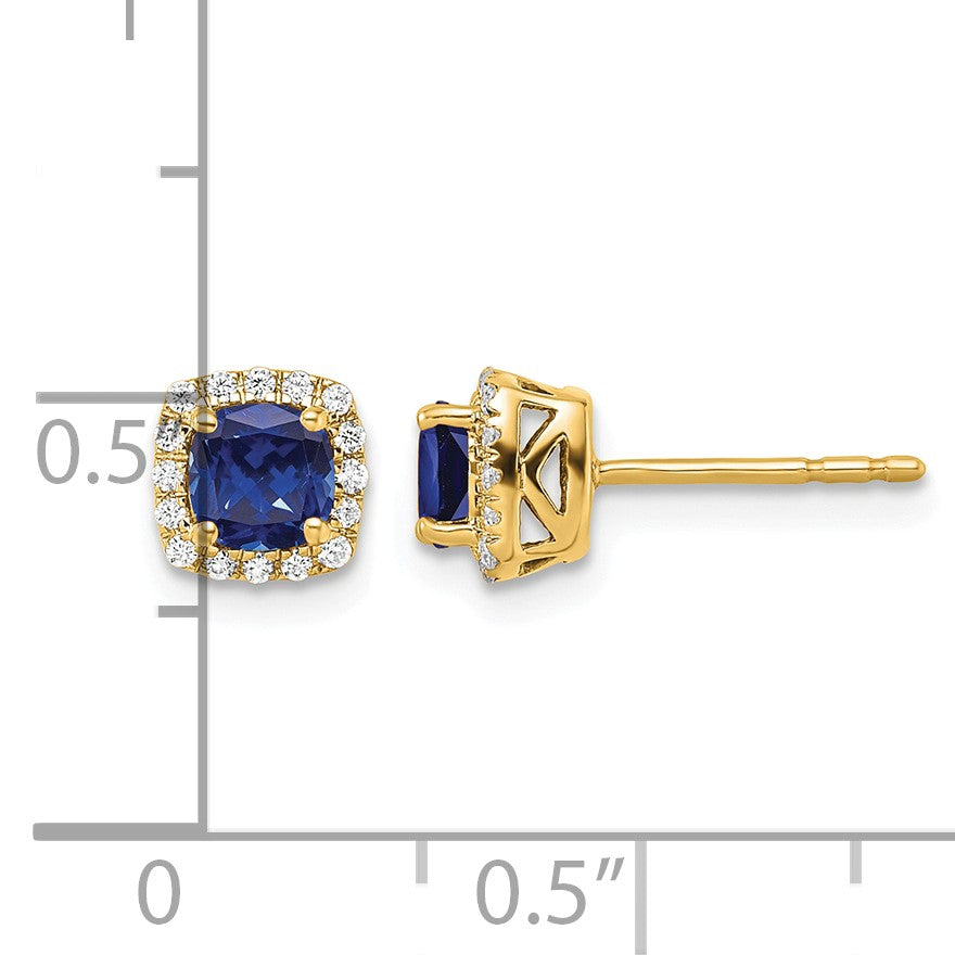 14K Gelbgold Ohrstecker mit quadratischem Halo, 0,10 ct. im Labor gezüchteten Diamanten VS/SI+ G+ und synthetischem Saphir