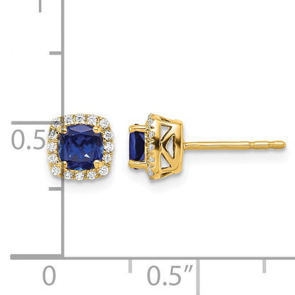 14K Gelbgold Ohrstecker mit quadratischem Halo, 0,10 ct. im Labor gezüchteten Diamanten VS/SI+ G+ und synthetischem Saphir