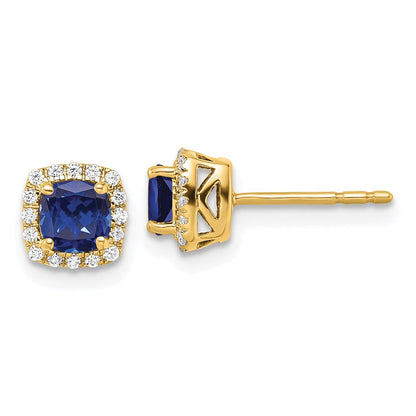 14K Gelbgold Ohrstecker mit quadratischem Halo, 0,10 ct. im Labor gezüchteten Diamanten VS/SI+ G+ und synthetischem Saphir