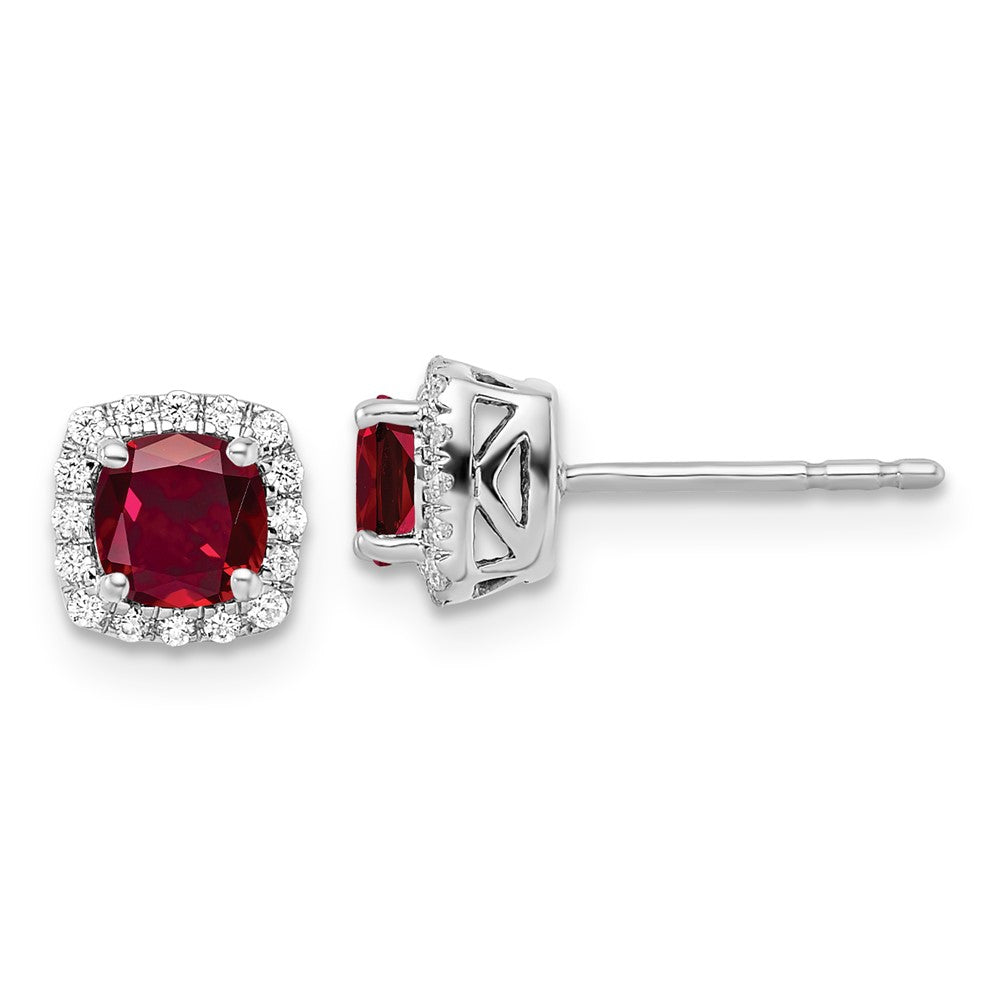 14K Gelbgold Ohrstecker mit quadratischem Halo, 0,10 ct. im Labor gezüchteten Diamanten VS/SI+ G+ und gezüchteten Rubinen