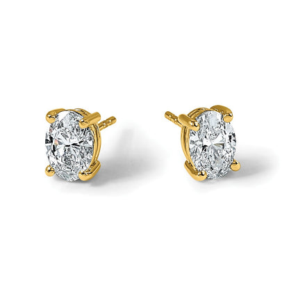14K Gelbgold Ohrstecker mit 2 ct. im 4-Krappen-Zackenbesatz gefassten laborgezüchteten Diamanten im Ovalschliff, VS/SI+ G+, hohes Gewicht