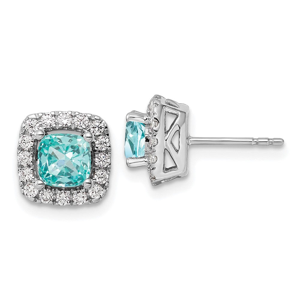 Pure Serenity 14K Weißgold Ohrstecker mit 0,375 ct. im Labor gezüchteten Diamanten VS/SI+ G+ und im Labor gezüchtetem Paraiba-Turmalin, Halo-Fassung