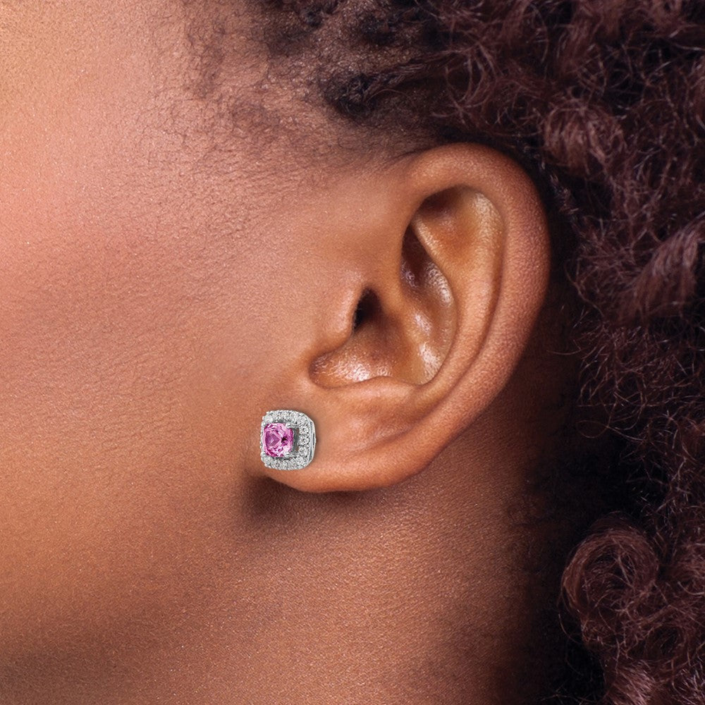 14K Weißgold Ohrstecker mit Halo aus laborgezüchtetem Rosa Saphir, Oktober-Geburtsstein, und 0,375 ct. laborgezüchtetem Diamant VS/SI+ G+