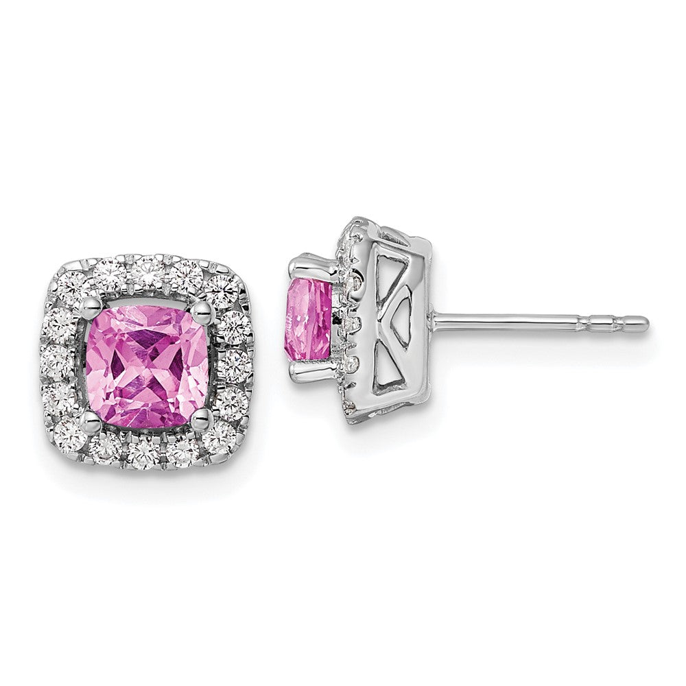 14K Weißgold Ohrstecker mit Halo aus laborgezüchtetem Rosa Saphir, Oktober-Geburtsstein, und 0,375 ct. laborgezüchtetem Diamant VS/SI+ G+