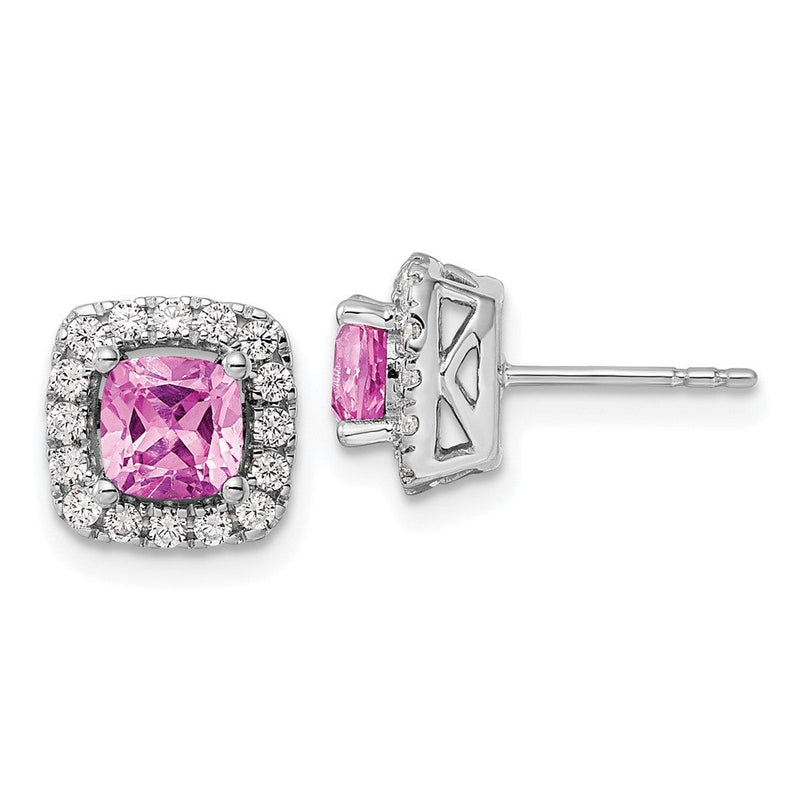 14K Weißgold Ohrstecker mit Halo aus laborgezüchtetem Rosa Saphir, Oktober-Geburtsstein, und 0,375 ct. laborgezüchtetem Diamant VS/SI+ G+