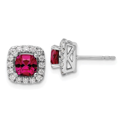 14K Weißgold Ohrstecker mit 0,375 ct. laborgezüchtetem Diamant VS/SI+ G+ und synthetischem Rubin (Juli-Geburtsstein) in Halo-Fassung