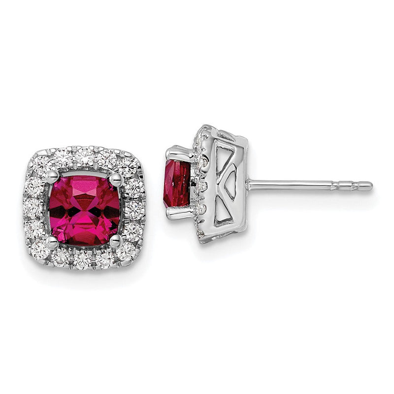 14K Weißgold Ohrstecker mit 0,375 ct. laborgezüchtetem Diamant VS/SI+ G+ und synthetischem Rubin (Juli-Geburtsstein) in Halo-Fassung