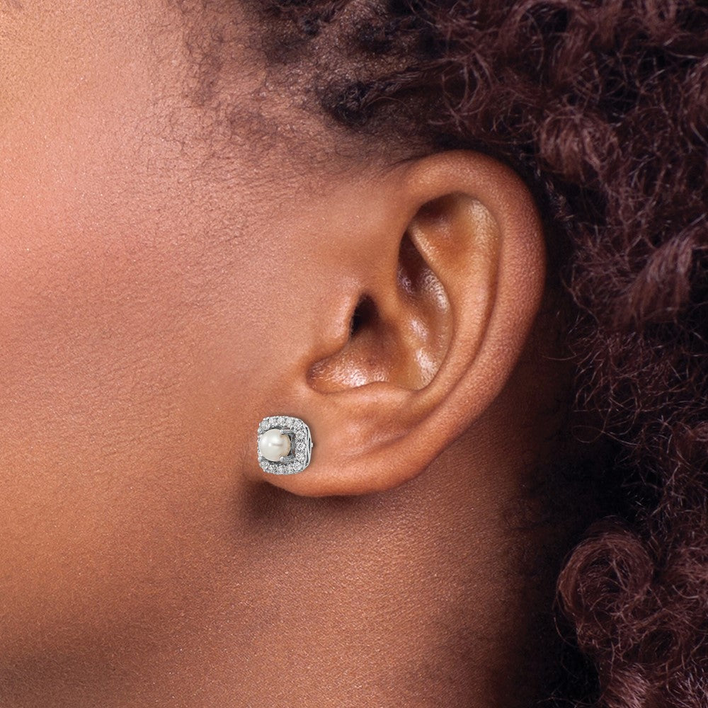 14K Weißgold Ohrstecker mit Halo, 0,375 ct. im Labor gezüchteten Diamanten VS/SI+ G+ und Süßwasser-Zuchtperlen (Geburtsstein Juni)