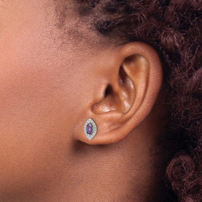 14K Weißgold Ohrstecker mit 0,2 ct. im Labor gezüchteten Diamanten VS/SI+ G+ und Amethyst, Geburtsstein für Februar