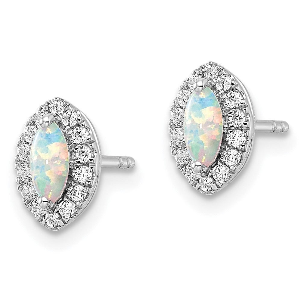 14K Weißgold Ohrstecker mit 0,2 ct. laborgezüchtetem Diamant VS/SI+ G+ und laborgezüchtetem Opal, Oktober-Geburtsstein