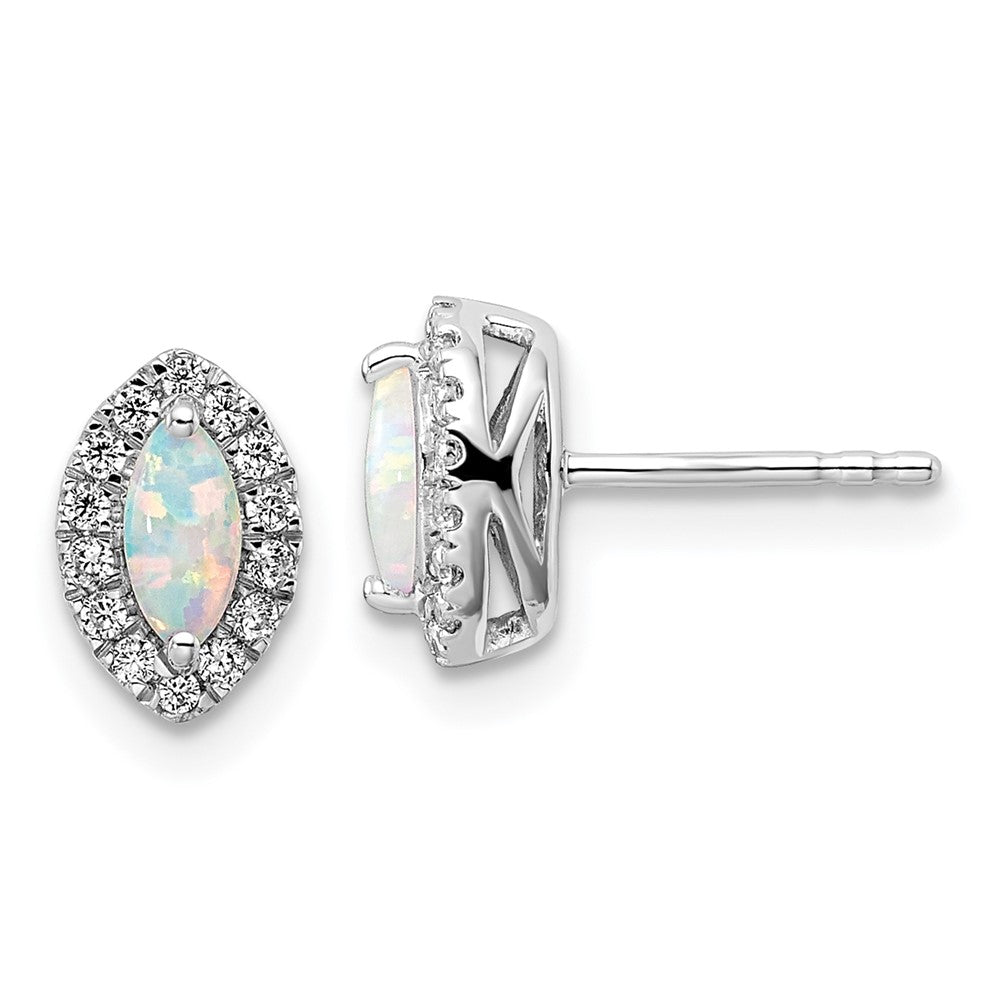 14K Weißgold Ohrstecker mit 0,2 ct. laborgezüchtetem Diamant VS/SI+ G+ und laborgezüchtetem Opal, Oktober-Geburtsstein