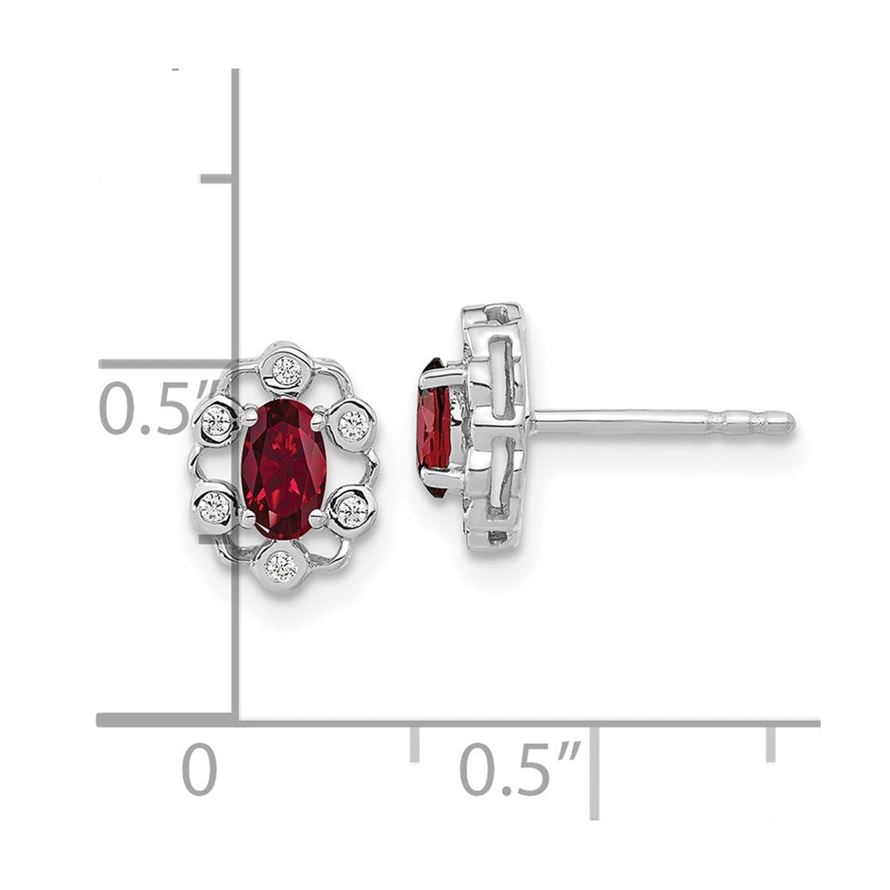 14K Weißgold Ohrringe mit Komplett-Halo, im Postbügel, mit 0,05 ct. Laborgezüchteten Diamanten VS/SI+ G+ und ovalen synthetischen Rubinen