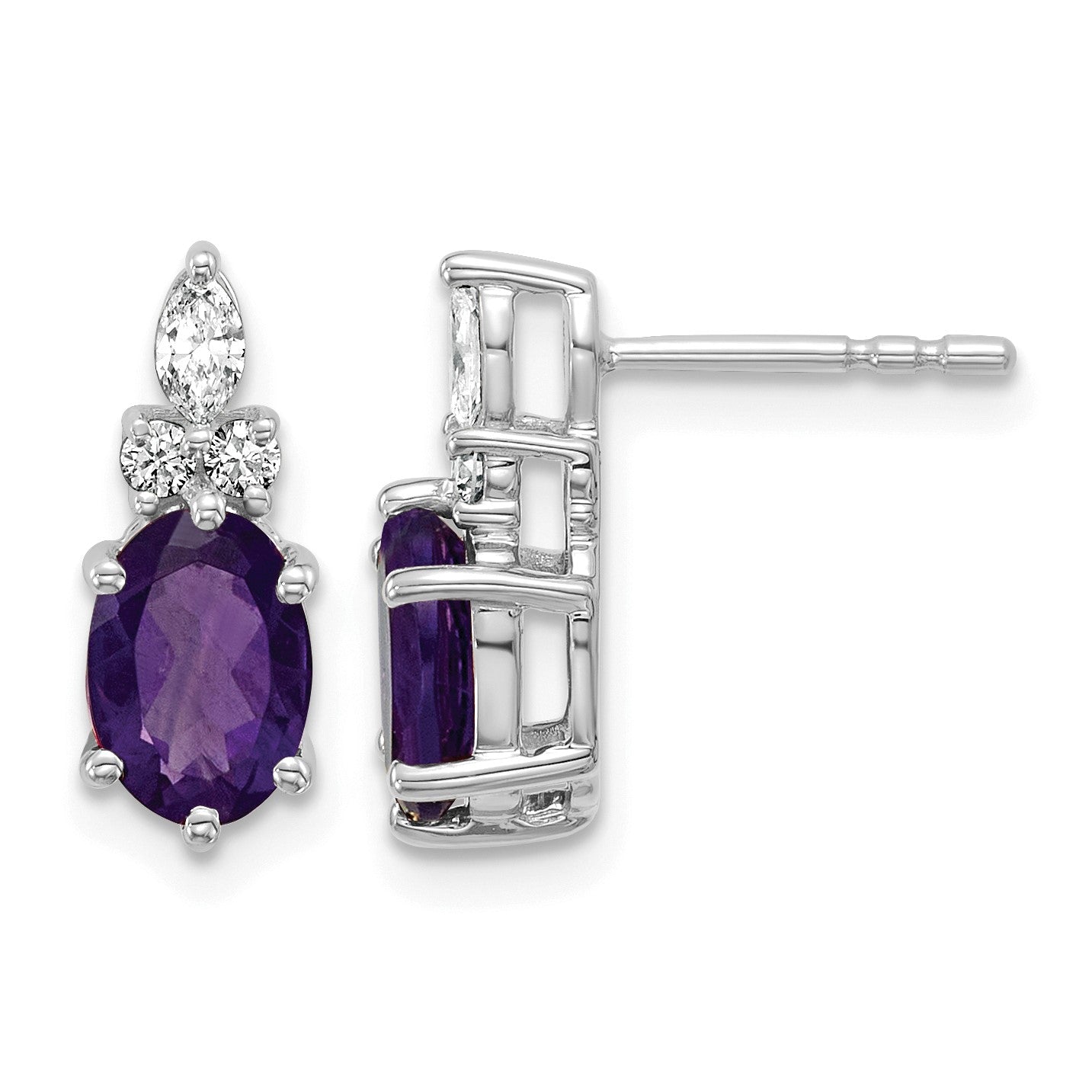 14K Weißgold Ohrstecker mit Diamanten und ovalem Amethyst (7x5 mm) – Februar-Geburtsstein