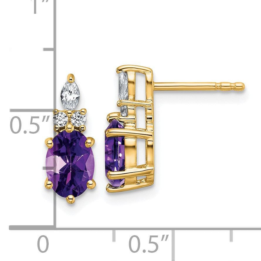 14K Gelbgold Ohrstecker mit Diamanten und ovalem 7x5 mm Amethyst (Februar-Geburtsstein)