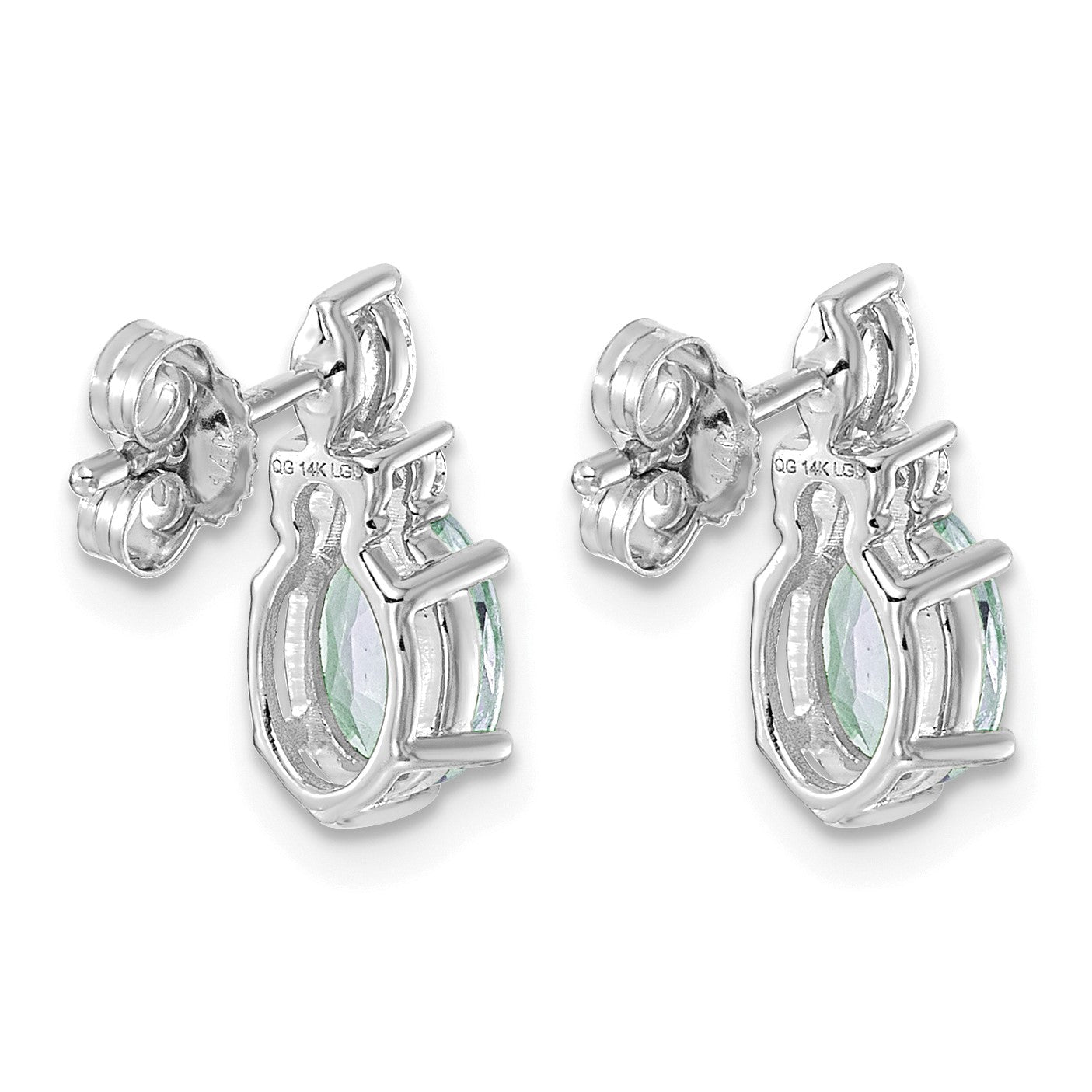 14K Weißgold Diamant- und 7x5 Ovale-März-/Aquamarin-Ohrstecker