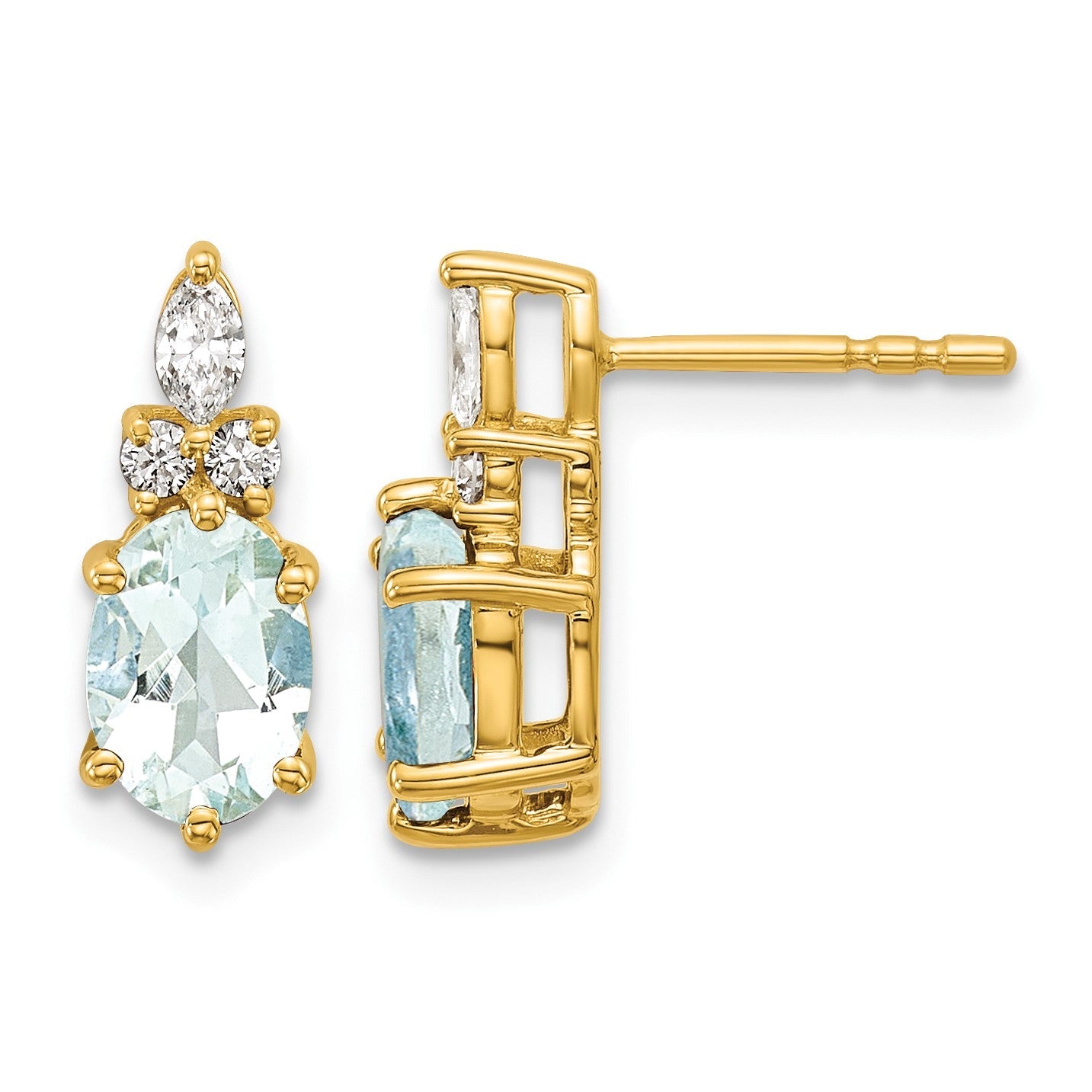 14K Gelbgold Ohrstecker mit Diamanten und ovalem Aquamarin (7 x 5 mm)