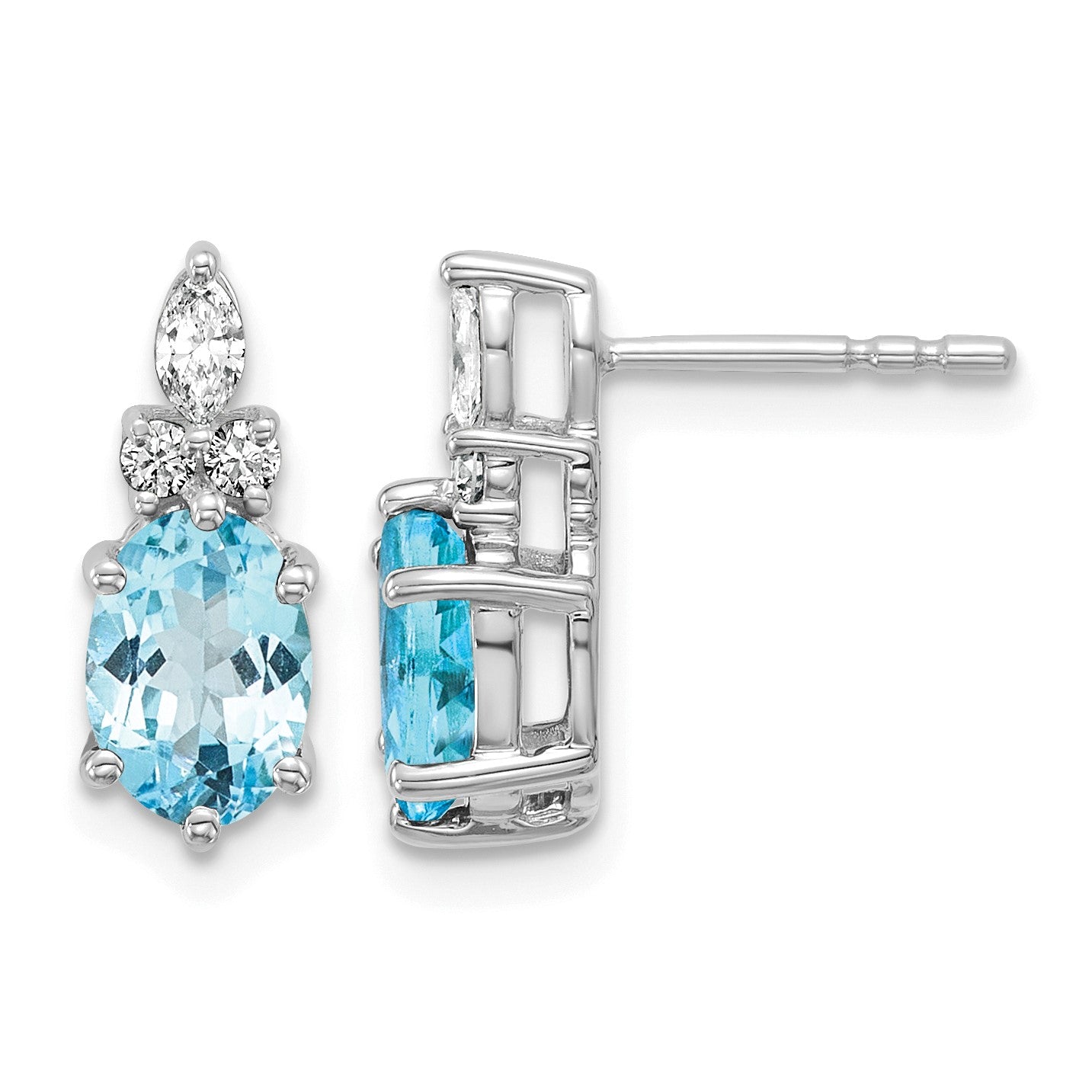 14K Weißgold Ohrstecker mit Diamanten und ovalem 7x5 Blautopas (Dezember-Geburtsstein)