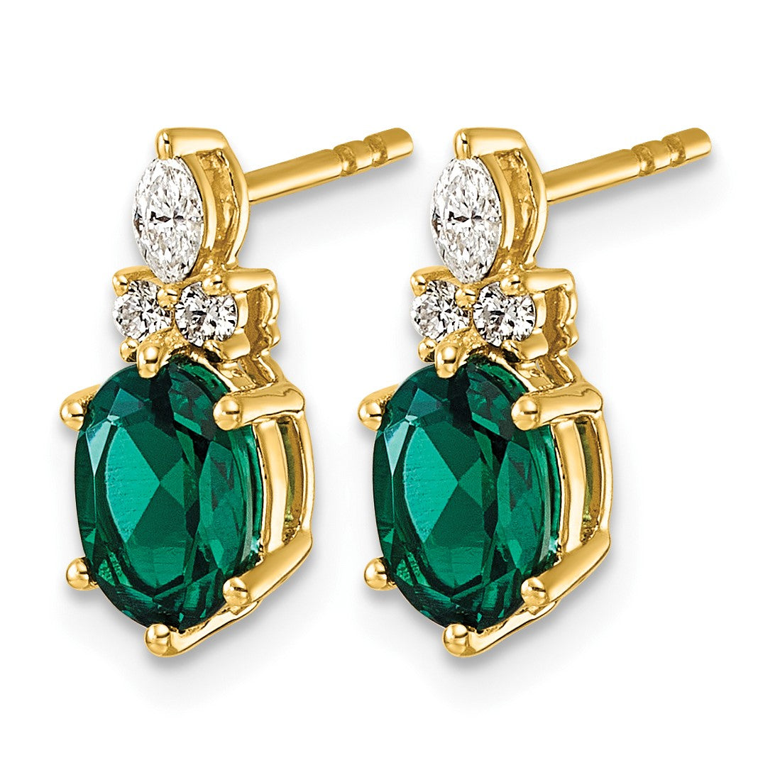 14K Gelbgold Ohrstecker mit Diamanten und 7x5 ovalem synthetischem Mai-Smaragd