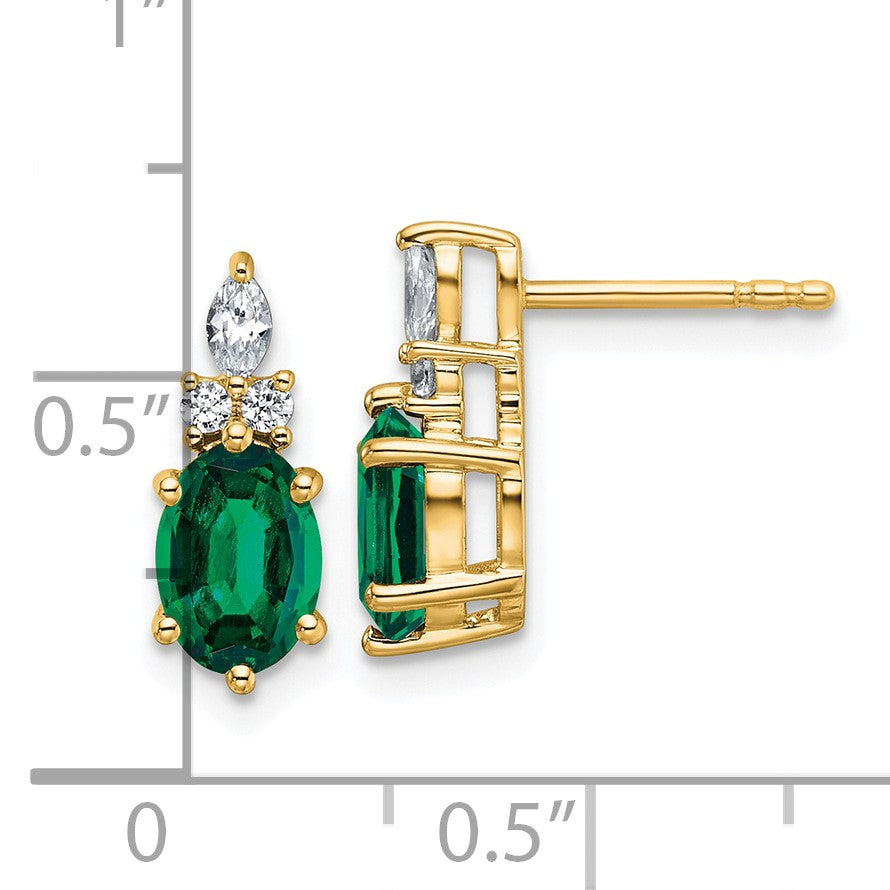 14K Gelbgold Ohrstecker mit Diamanten und 7x5 ovalem synthetischem Mai-Smaragd